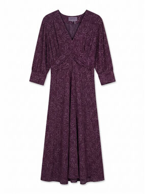 BA&SH Loa Printed Midi Raisin Purple Viscose Dress 3/4 Sleeves Casual, Sz L